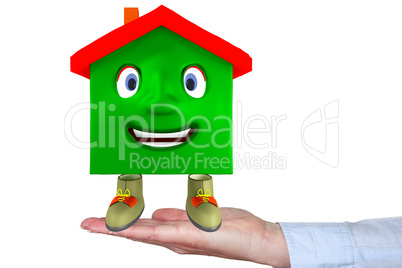 Hand holding house as a cartoon character