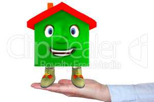 Hand holding house as a cartoon character