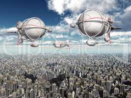 Fantasie Luftschiffe über einer Megastadt