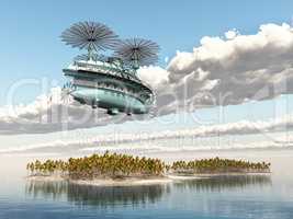 Fantasie Luftschiff über einer Ozean Landschaft