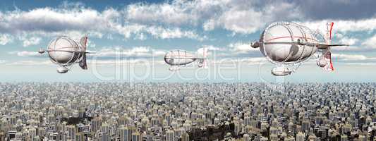 Fantasie Luftschiffe über einer Megastadt