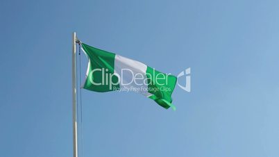 Nigerian flag in front of blue sky