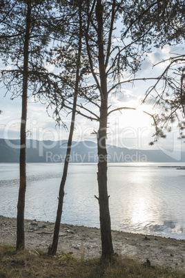 Sunset on mountain lake