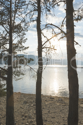 Sunset on mountain lake