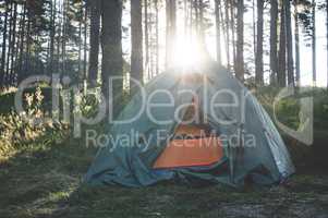 Tent in the forest on sunlight