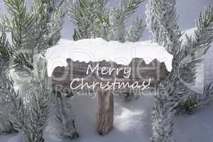 Sign Snow Fir Tree Branch With Text Merry Christmas