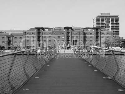 Black and white West India Quay in London