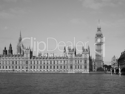 Black and white Houses of Parliament in London