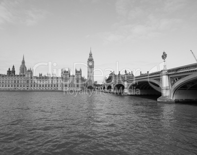 Black and white Houses of Parliament in London