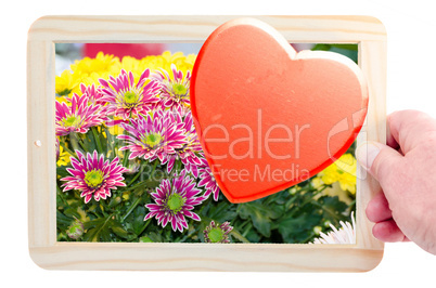Tafel mit Blumen und Herz