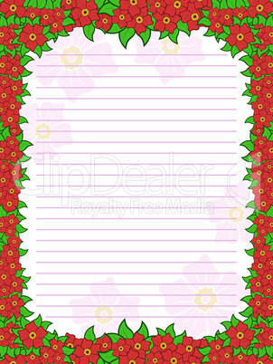 Sheet of notepad with floral frame in red hues