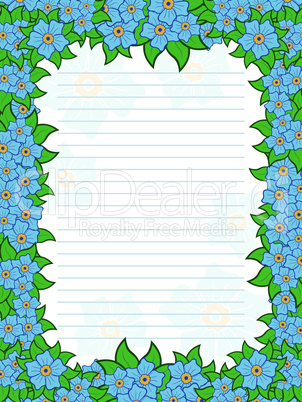 Sheet of notepad with floral frame in blue hues