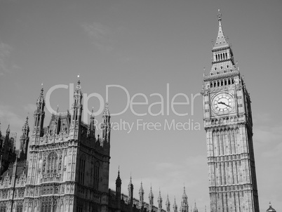 Black and white Houses of Parliament in London