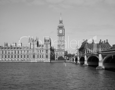 Black and white Houses of Parliament in London