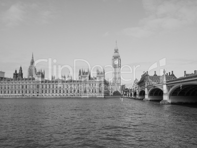 Black and white Houses of Parliament in London