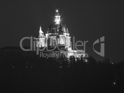 Black and white Basilica di Superga at night in Turin