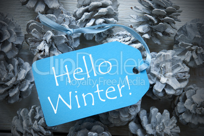 Light Blue Label On Fir Cones With Hello Winter