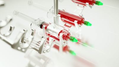 Loopable syringe production line or conveyor with artistic shallow DOF
