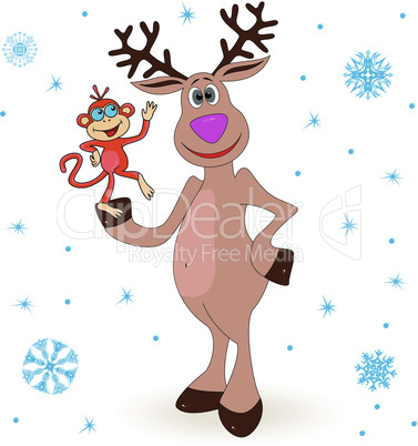 Amusing reindeer holding a small monkey