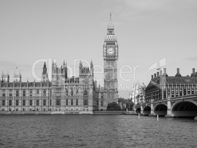 Black and white Houses of Parliament in London