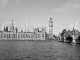 Black and white Houses of Parliament in London