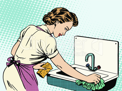 woman cleans kitchen sink cleanliness housewife housework comfort