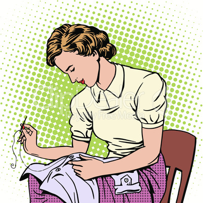 woman sews shirt thread housewife housework comfort