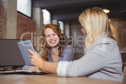 Portrait of smiling businesswomen during discussion