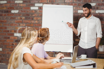 Smiling businessman pointing towards whiteboard