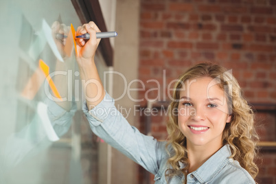 Portrait of businesswoman writing on sticky notes in office