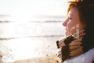 Happy pretty brunette looking at the sea