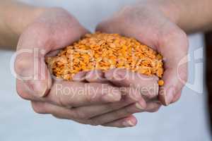 Woman showing handful of red lentils