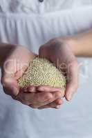 Woman showing handful of sesame seed