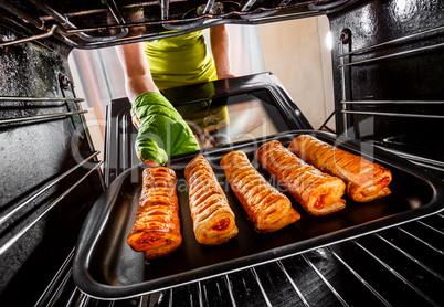 Cooking in the oven at home.