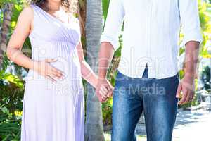 Midsection of husband holding pregnant wife hand