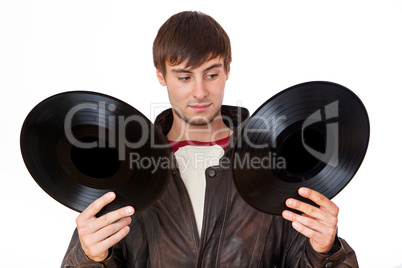 Man with acoustic LPs