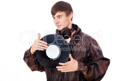 Man with acoustic LPs