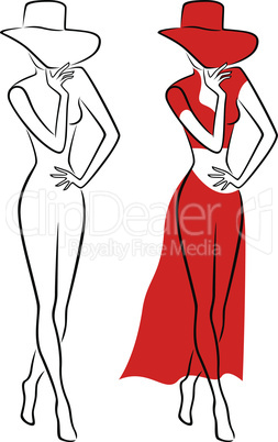 Lady in red hat and long dress