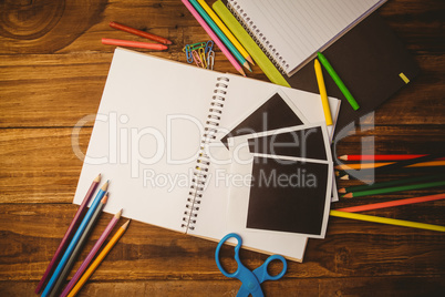 School supplies on desk with copy space