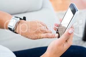 Woman touching mobile screen