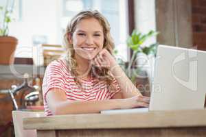 Portrait of happy smiling businesswoman with laptop in bright of