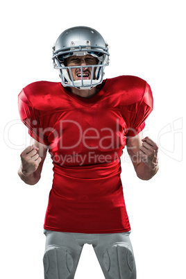 Irritated American football player in red jersey screaming