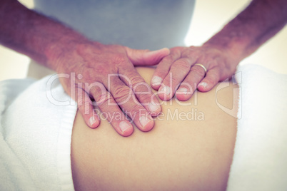 Cropped image of masseur touching pregnant woman tummy