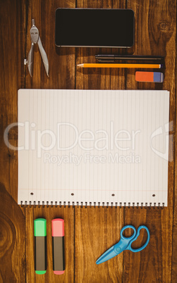 School supplies on desk with copy space