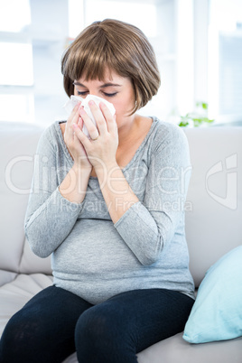 Pregnant woman about to sneeze while sitting on sofa