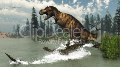 Tyrannosaurus rex dinosaur attacked by deinosuchus crocodile - 3D render