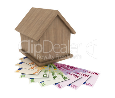 Wooden house with paper money. 3d render on a white background