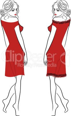 Lady in translucent red dress in two versions