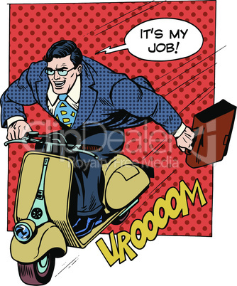 Businessman rushing to work on the scooter