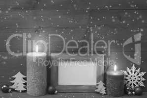 Black And White Christmas Decoration, Candles, Frame, Snwoflakes
